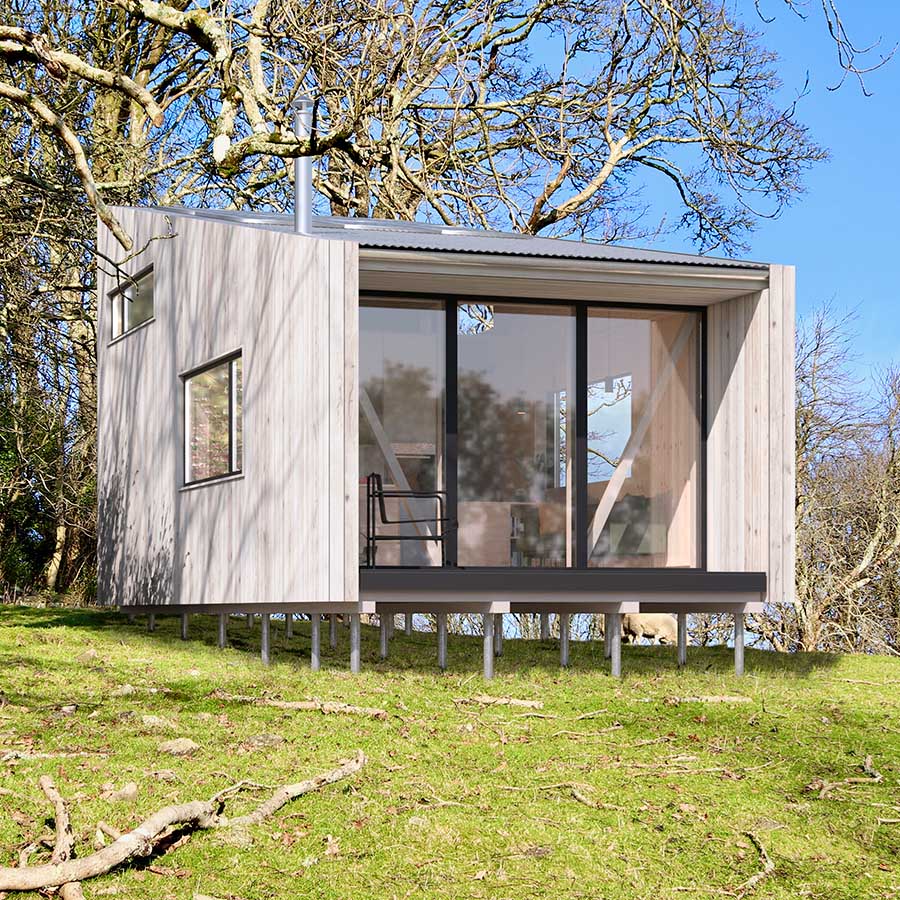 CGI of a prefabricated cabin located on a hill in Devon