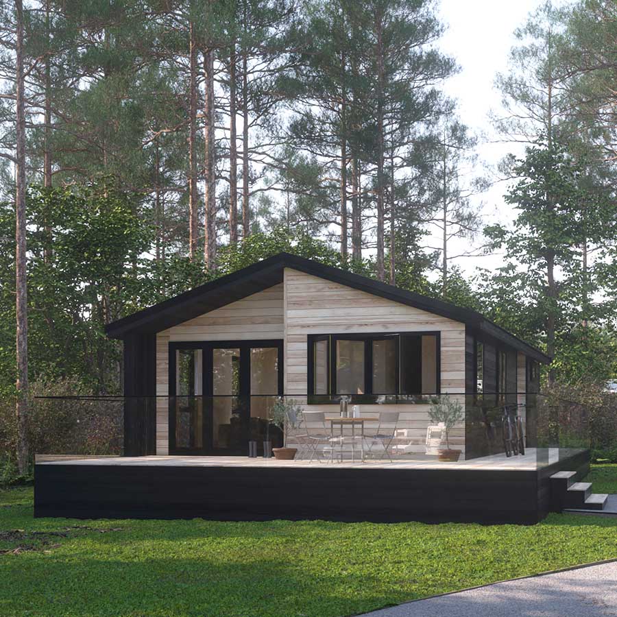 CGI of a timber-clad lodge situated in a country park in the UK with a cloudy sky