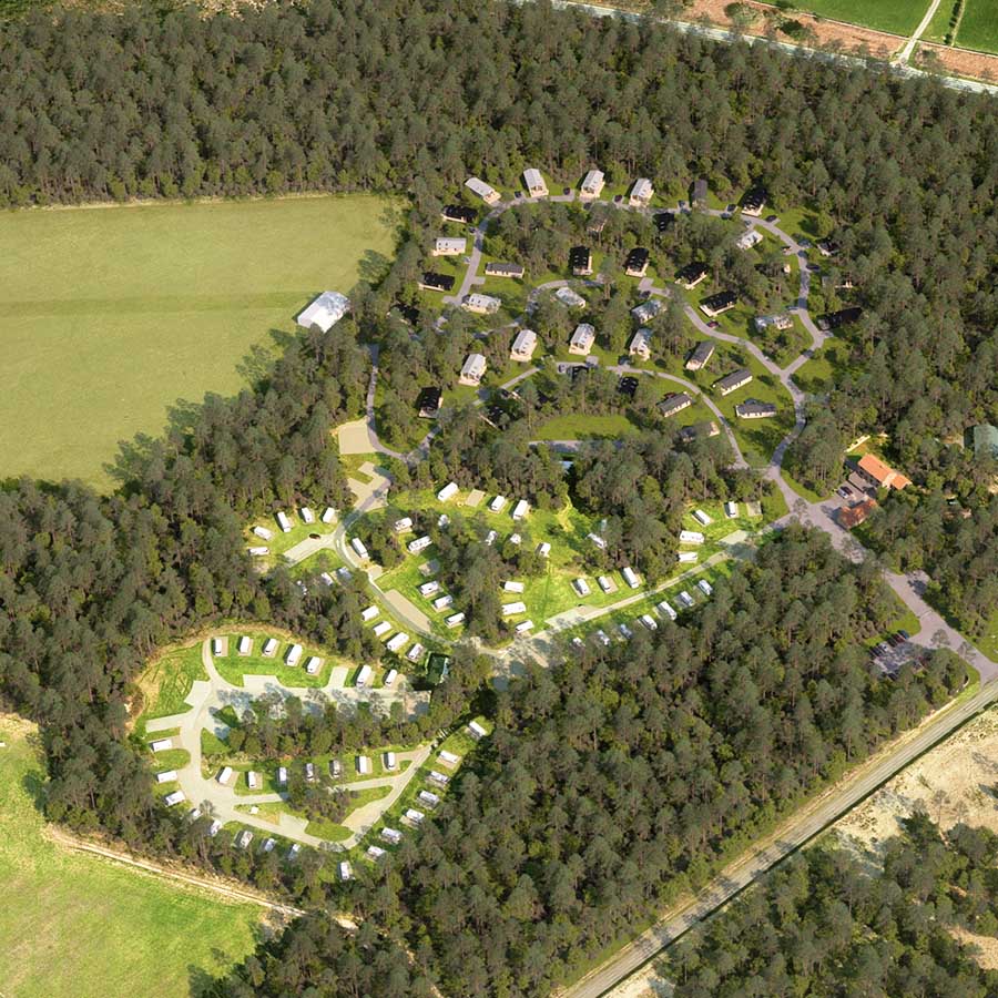 CGI of a lodge park in the UK looking from an elevated position 