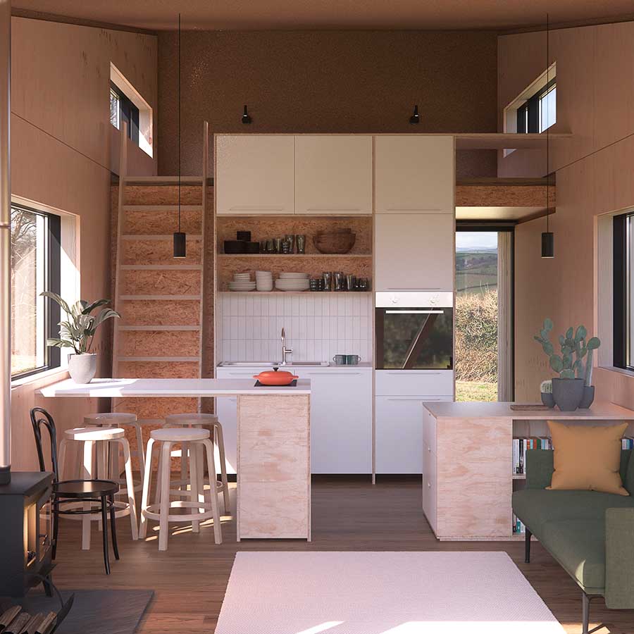 CGI of a prefabricated cabin interior looking at the kitchen and living space