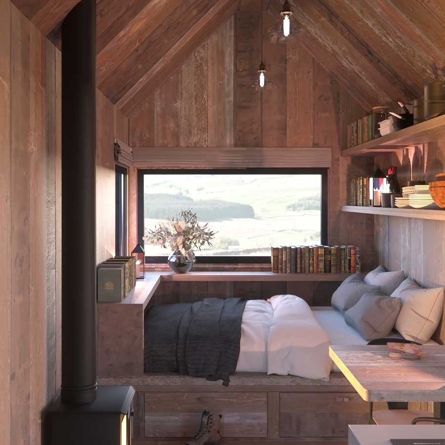 CGI of a timber-clad lodge interior looking towards the bed