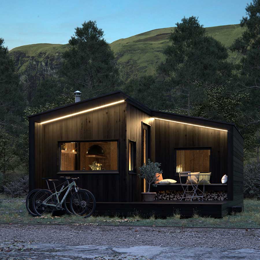 CGI of a timber-clad lodge situated in a country park in the UK at dusk