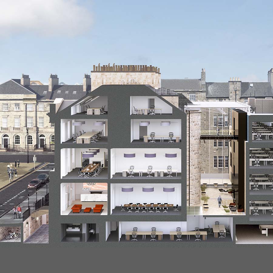 CGI of section cut through refurbished listed office buildings in Edinburgh