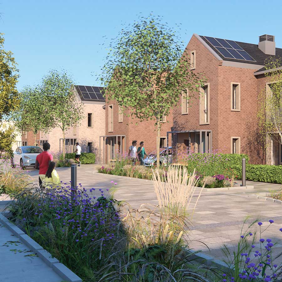 CGI of street showing modern, sustainably designed homes