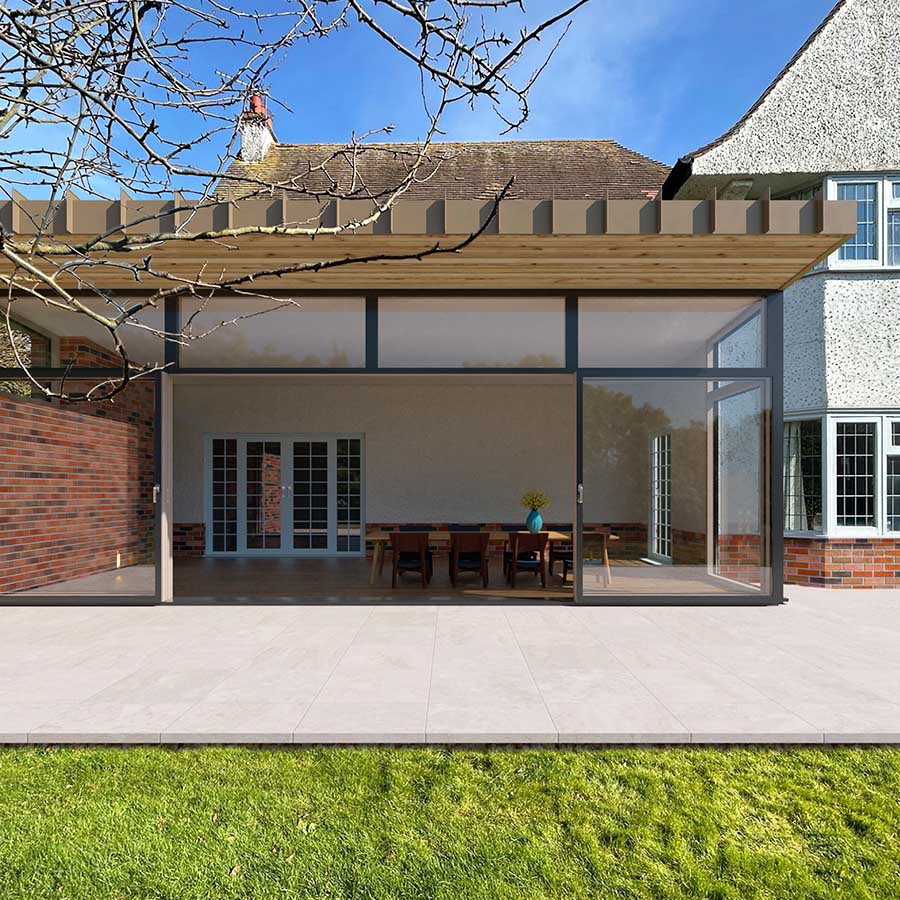 CGI of modern extension to rear of existing suburban house in Lincolnshire