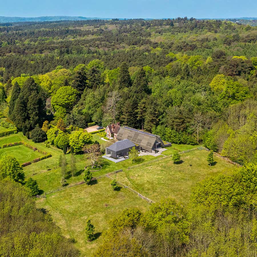 Aerial CGI Photo-montage of new sustainably designed dwelling in the South Downs