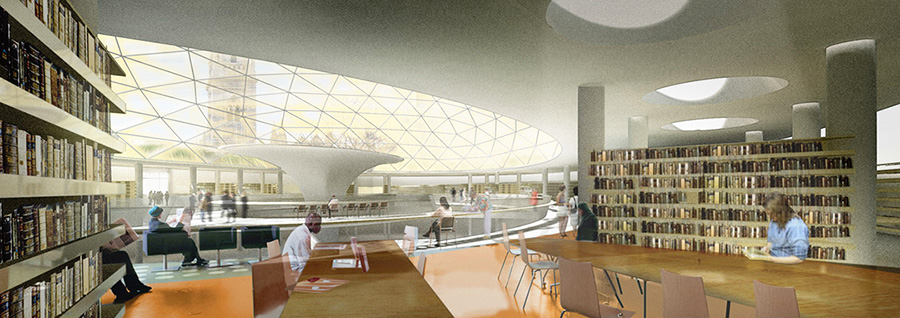 conceptual non-photorealistic CGI of a proposed library for a competition entry