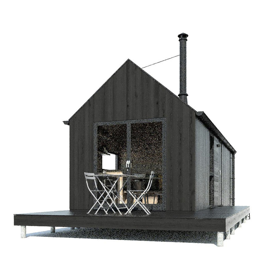 A very grainy CGI path traced render of a black timber cabin which had the rendering process stopped after only a few samples