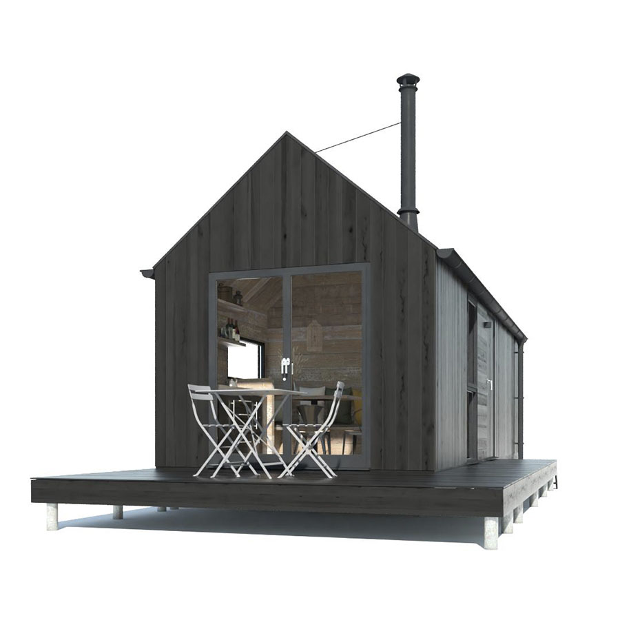 A CGI path traced render of a black timber cabin with its grain removed using AI denoising techniques