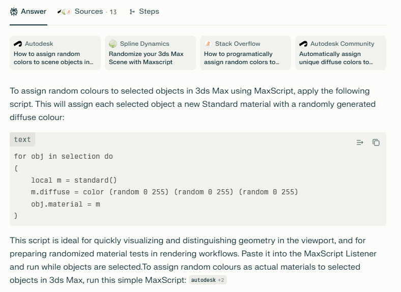 A screenshot showing the MaxScript code that generated with a single prompt entered into Perplexity AI