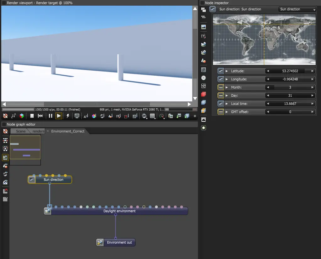 Accurate Daylight Environment created in Octane by Lua script generated by Claude