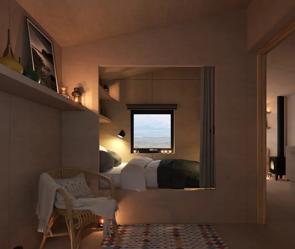Interior CGI of Baklands Cabin looking at sleeping area