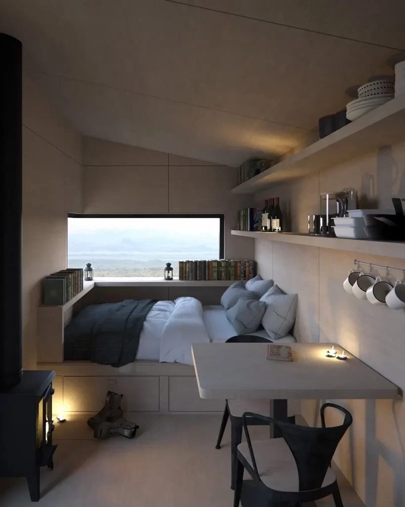 Interior CGI of Contemporary Cabin looking at Sleeping area