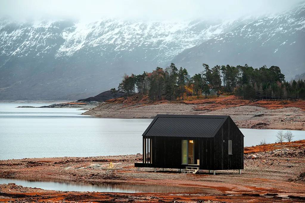 CGI of Black Refuge Cabin adjacent to Lake in Scottish Highlands